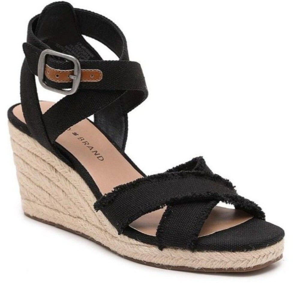 NWOB Lucky Brand Maeylee Espadrille Wedge Sandals Black/Tan Canvas Size 7M.